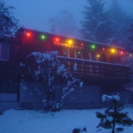 Dämmerung, Schnee, Nebel, Beleuchtung auf dem Twannberg